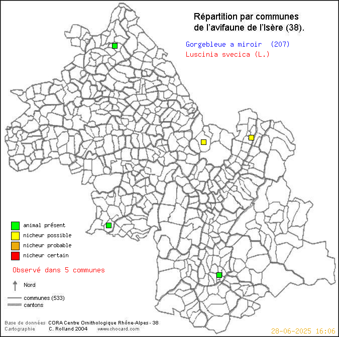 Carte de rpartition par communes en Isre d'une espce d'oiseau: Gorgebleue  miroir (Luscinia svecica (L.)) selon Communes et cantons