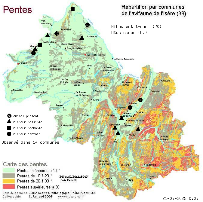 Hibou petit-duc (Otus scops (L.)): carte de rpartition en Isre