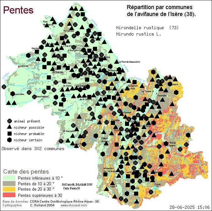 Hirondelle rustique (Hirundo rustica L.): carte de rpartition en Isre