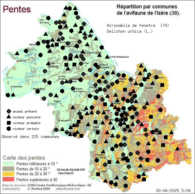 Hirondelle de fentre (Delichon urbica (L.)): carte de rpartition en Isre