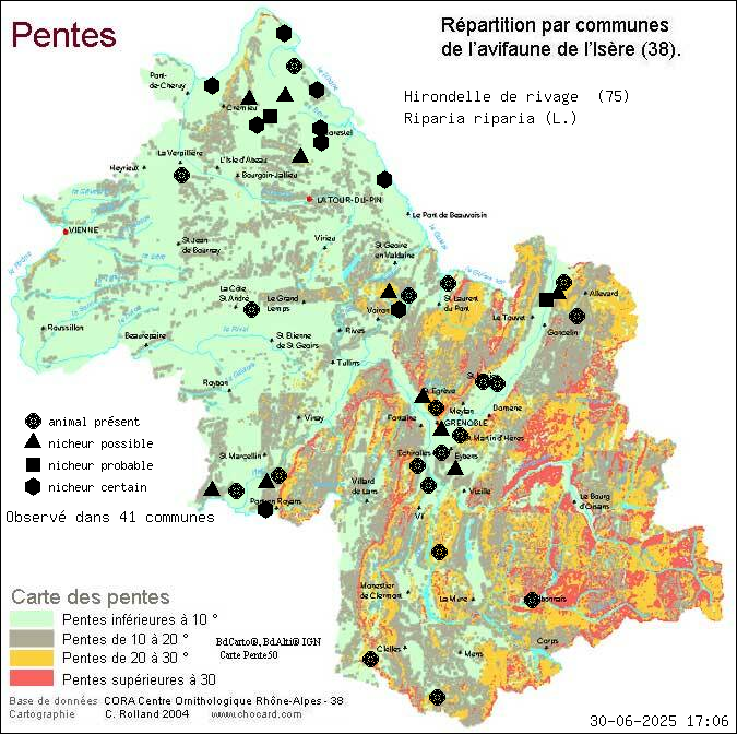 Hirondelle de rivage (Riparia riparia (L.)): carte de rpartition en Isre