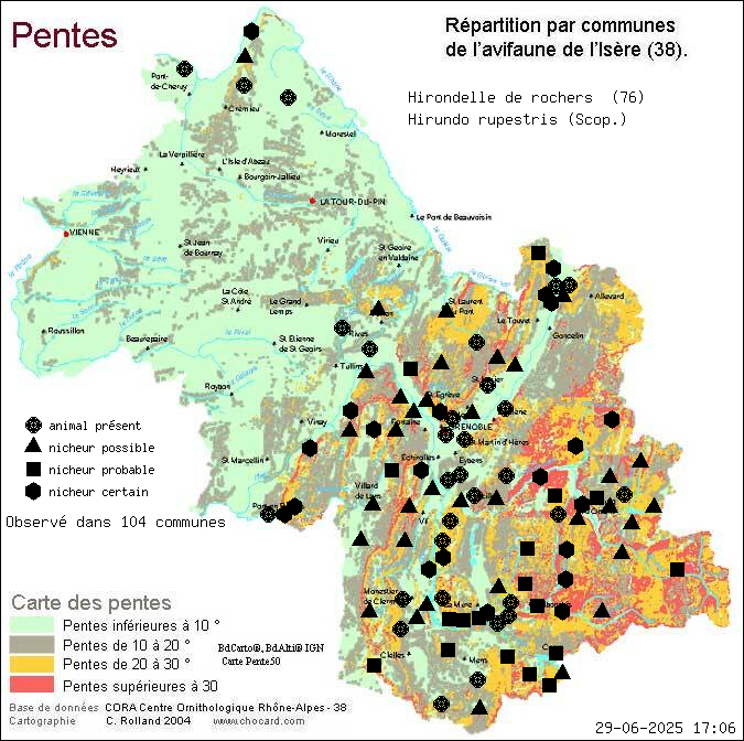 Hirondelle de rochers (Hirundo rupestris (Scop.)): carte de rpartition en Isre