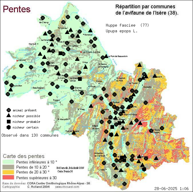 Huppe fascie (Upupa epops L.): carte de rpartition en Isre