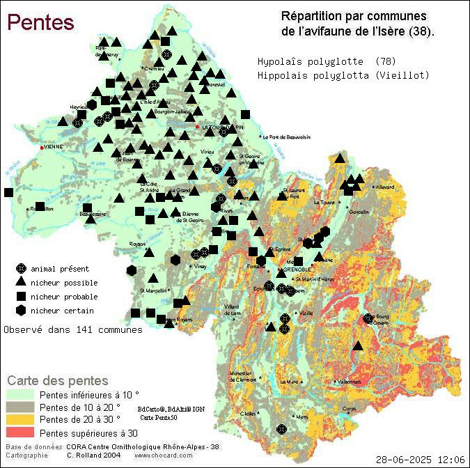 Hypolas polyglotte (Hippolais polyglotta (Vieillot)): carte de rpartition en Isre