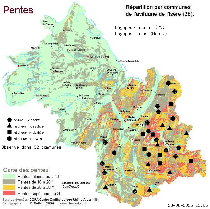 Lagopde alpin (Lagopus mutus (Mont.)): carte de rpartition en Isre
