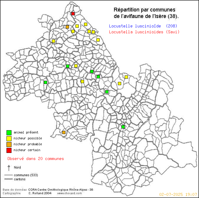 Carte de rpartition par communes en Isre d'une espce d'oiseau: Locustelle lusciniode (Locustella luscinioides (Savi)) selon Communes et cantons
