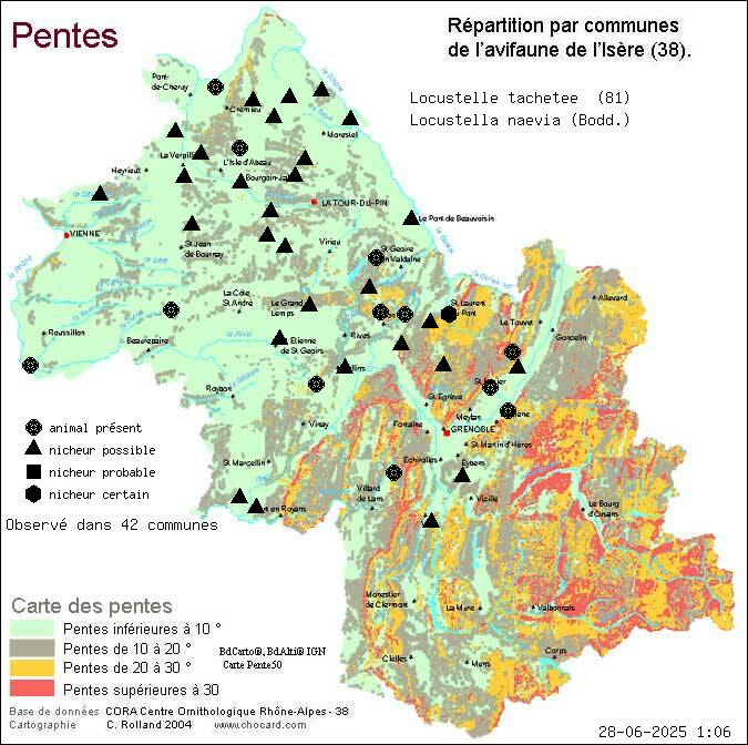 Locustelle tachete (Locustella naevia (Bodd.)): carte de rpartition en Isre