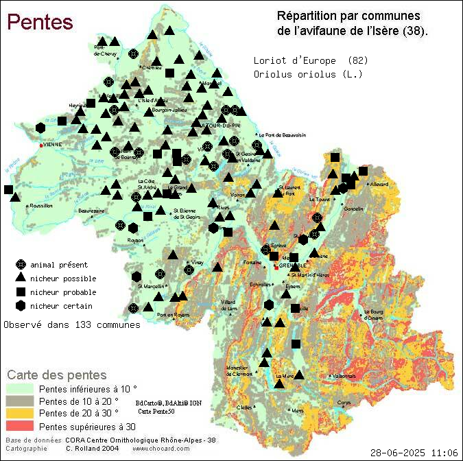 Loriot d Europe (Oriolus oriolus (L.)): carte de rpartition en Isre