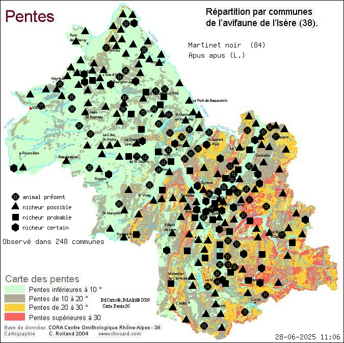 Martinet noir (Apus apus (L.)): carte de rpartition en Isre
