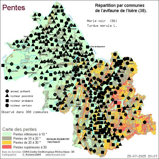 Merle noir (Turdus merula L.): carte de rpartition en Isre