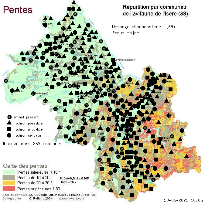 Carte de rpartition par communes en Isre d'une espce d'animal: Msange charbonnire (Parus major L.) selon Pentes
