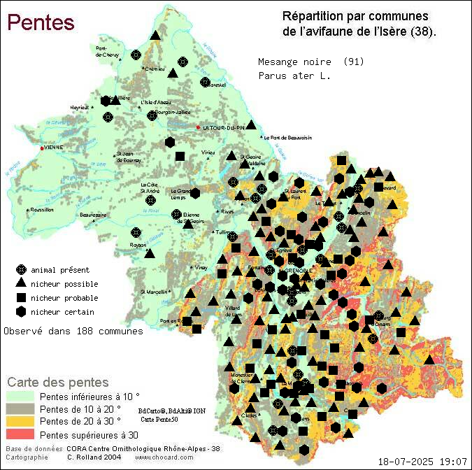 Carte de rpartition par communes en Isre d'une espce d'animal: Msange noire (Parus ater L.) selon Pentes