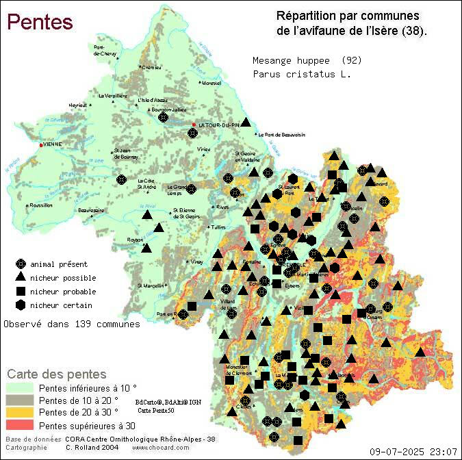 Carte de rpartition par communes en Isre d'une espce d'animal: Msange huppe (Parus cristatus L.) selon Pentes