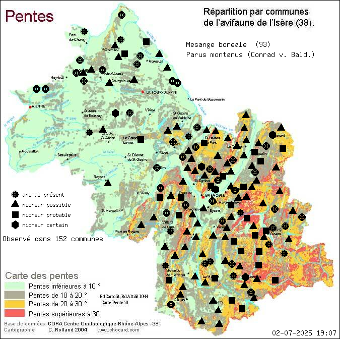 Carte de rpartition par communes en Isre d'une espce d'animal: Msange borale (Parus montanus (Conrad v. Bald.)) selon Pentes