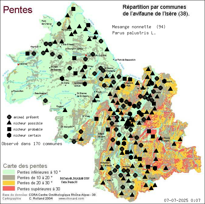 Carte de rpartition par communes en Isre d'une espce d'animal: Msange nonnette (Parus palustris L.) selon Pentes