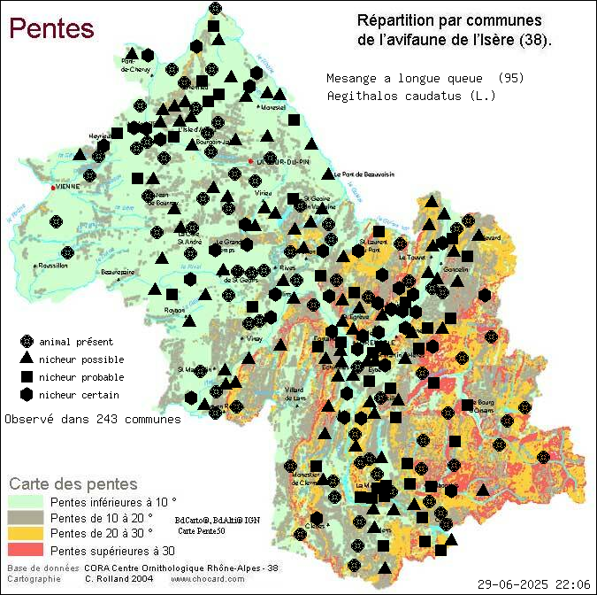Carte de rpartition par communes en Isre d'une espce d'animal: Msange  longue queue (Aegithalos caudatus (L.)) selon Pentes