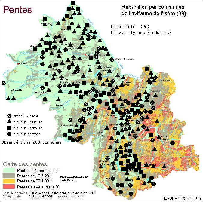 Carte de rpartition par communes en Isre d'une espce d'animal: Milan noir (Milvus migrans (Boddaert)) selon Pentes