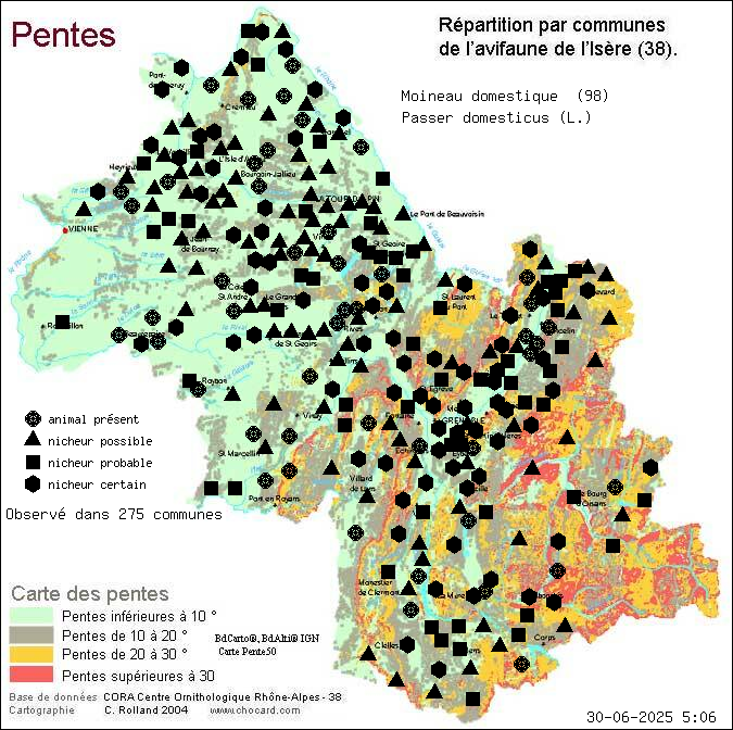 Carte de rpartition par communes en Isre d'une espce d'animal: Moineau domestique (Passer domesticus (L.)) selon Pentes