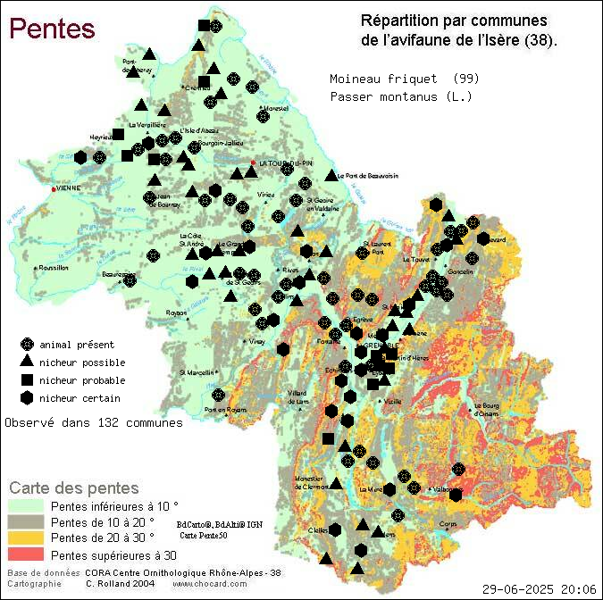 Carte de rpartition par communes en Isre d'une espce d'animal: Moineau friquet (Passer montanus (L.)) selon Pentes