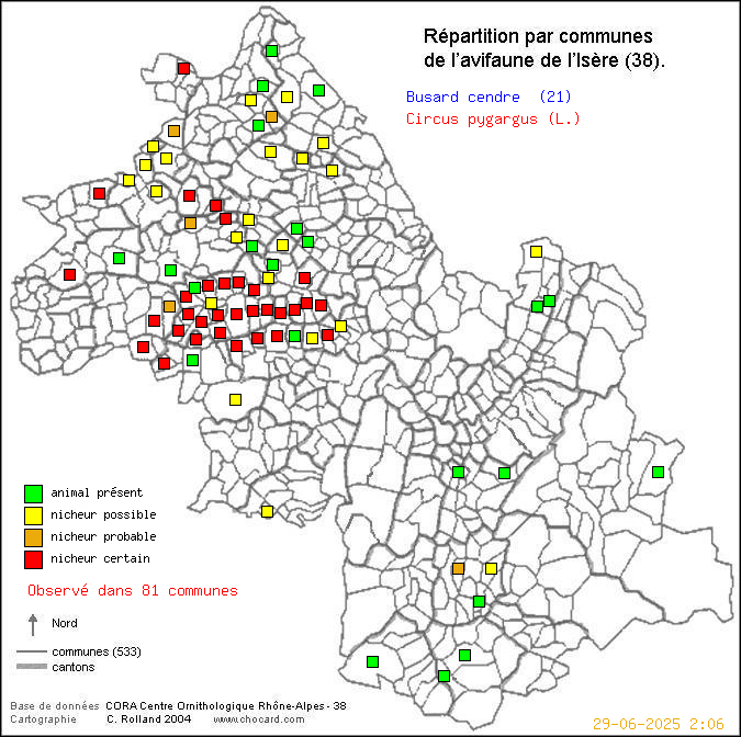 Carte de rpartition par communes en Isre d'une espce d'oiseau: Busard cendr (Circus pygargus (L.)) selon Communes et cantons