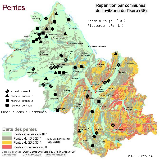 Perdrix rouge (Alectoris rufa (L.)): carte de rpartition en Isre