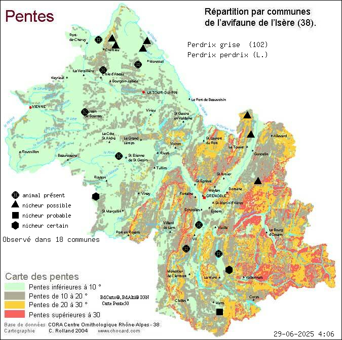 Perdrix grise (Perdrix perdrix (L.)): carte de rpartition en Isre