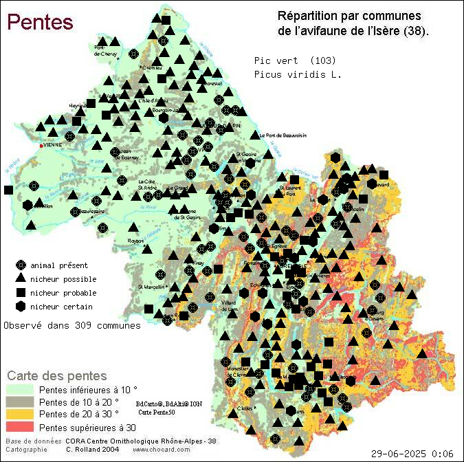 Pic vert (Picus viridis L.): carte de rpartition en Isre