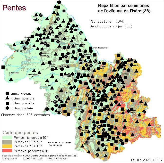 Pic peiche (Dendrocopos major (L.)): carte de rpartition en Isre