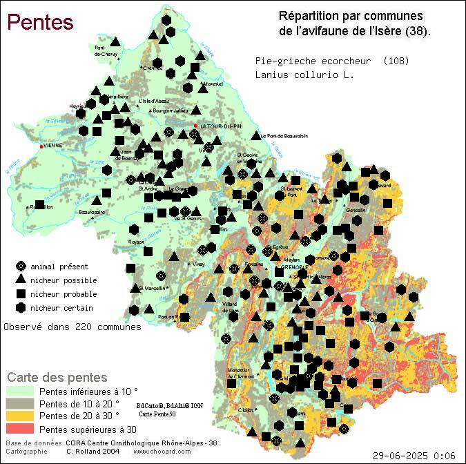 Pie-griche corcheur (Lanius collurio L.): carte de rpartition en Isre