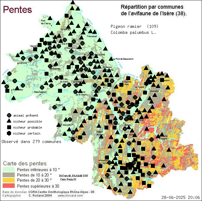 Pigeon ramier (Colomba palumbus L.): carte de rpartition en Isre