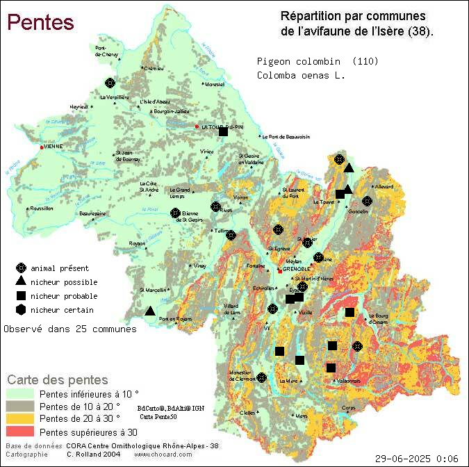 Pigeon colombin (Colomba oenas L.): carte de rpartition en Isre