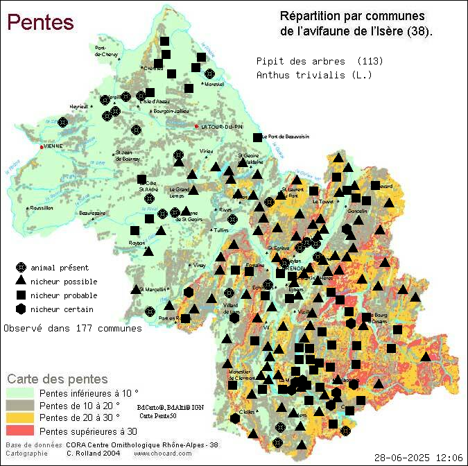 Pipit des arbres (Anthus trivialis (L.)): carte de rpartition en Isre