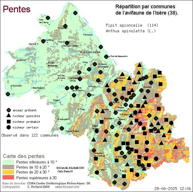 Pipit spioncelle (Anthus spinoletta (L.)): carte de rpartition en Isre