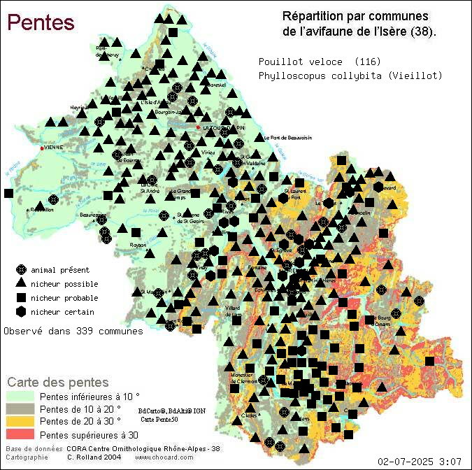 Pouillot vloce (Phylloscopus collybita (Vieillot)): carte de rpartition en Isre