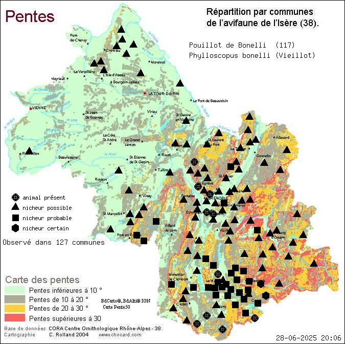 Pouillot de Bonelli (Phylloscopus bonelli (Vieillot)): carte de rpartition en Isre