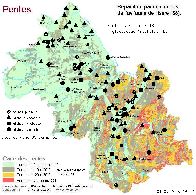 Pouillot fitis (Phylloscopus trochilus (L.)): carte de rpartition en Isre