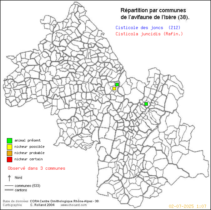 Carte de rpartition par communes en Isre d'une espce d'oiseau: Cisticole des joncs (Cisticola juncidis (Rafin.)) selon Communes et cantons