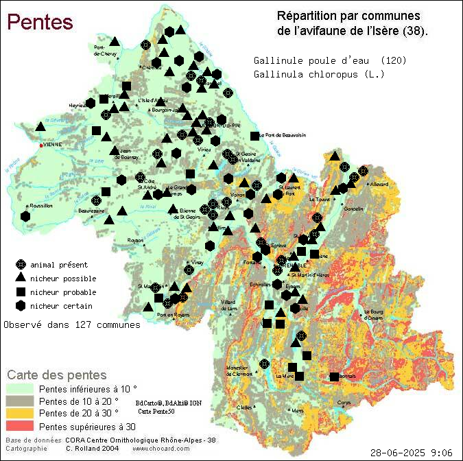 Gallinule poule d eau (Gallinula chloropus (L.)): carte de rpartition en Isre