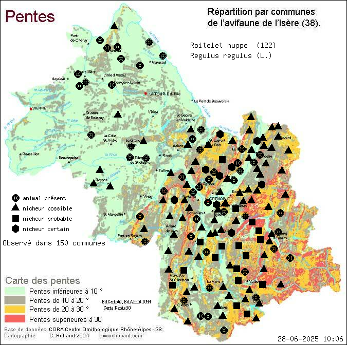 Roitelet hupp (Regulus regulus (L.)): carte de rpartition en Isre