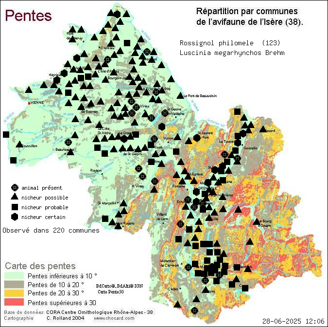 Rossignol philomle (Luscinia megarhynchos Brehm): carte de rpartition en Isre