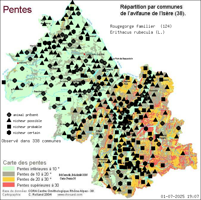 Rougegorge familier (Erithacus rubecula (L.)): carte de rpartition en Isre