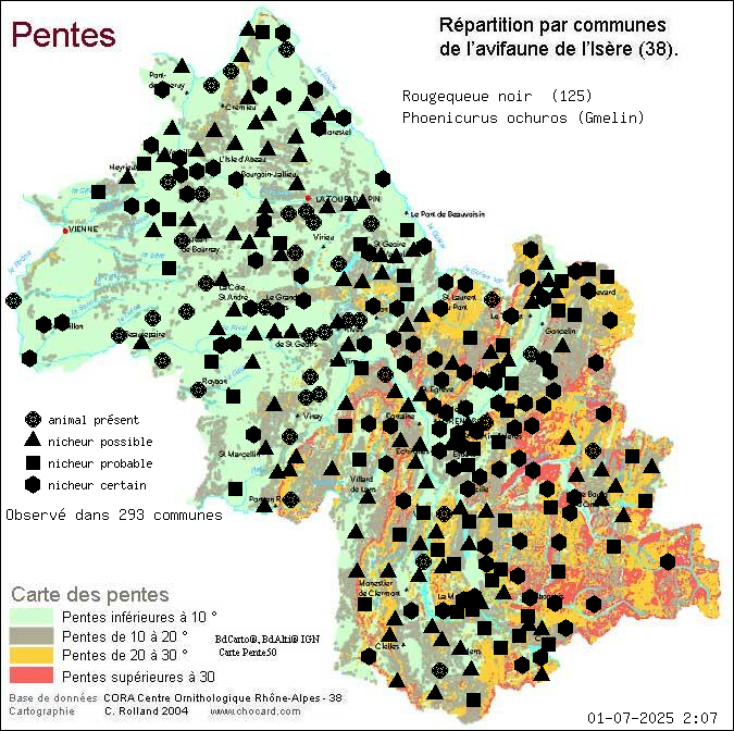 Rougequeue noir (Phoenicurus ochuros (Gmelin)): carte de rpartition en Isre