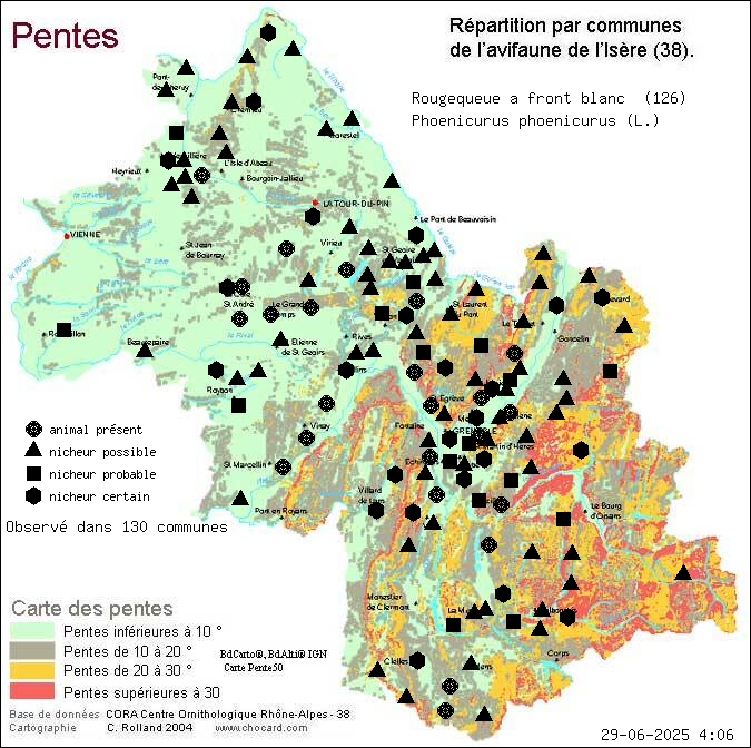 Rougequeue  front blanc (Phoenicurus phoenicurus (L.)): carte de rpartition en Isre