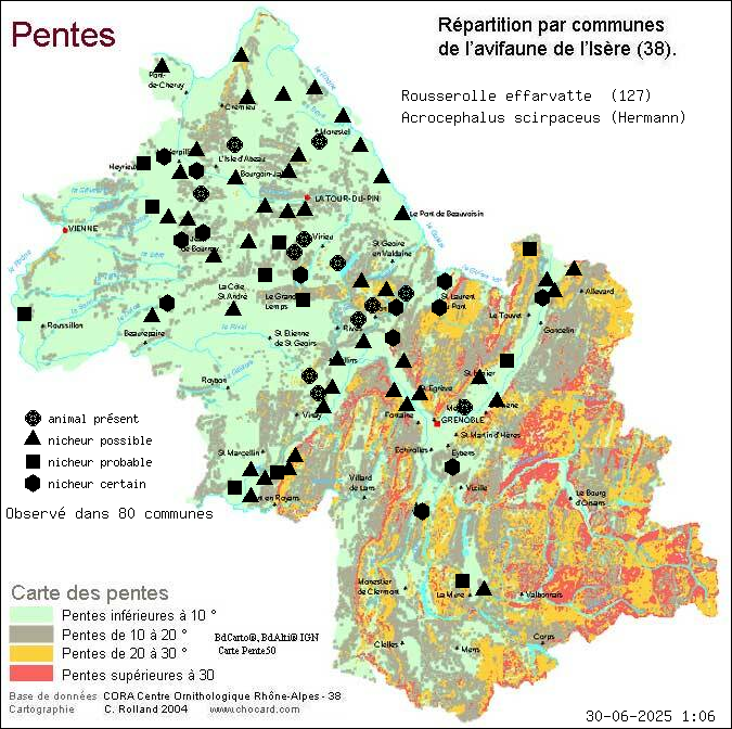 Rousserolle effarvatte (Acrocephalus scirpaceus (Hermann)): carte de rpartition en Isre