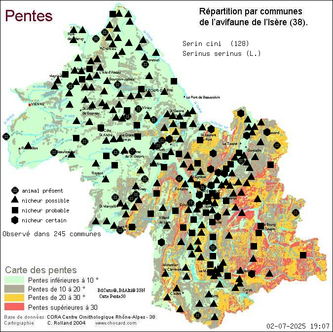 Serin cini (Serinus serinus (L.)): carte de rpartition en Isre