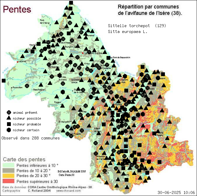 Sittelle torchepot (Sitta europaea L.): carte de rpartition en Isre