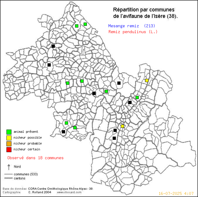 Carte de rpartition par communes en Isre d'une espce d'oiseau: Msange rmiz (Remiz pendulinus (L.)) selon Communes et cantons