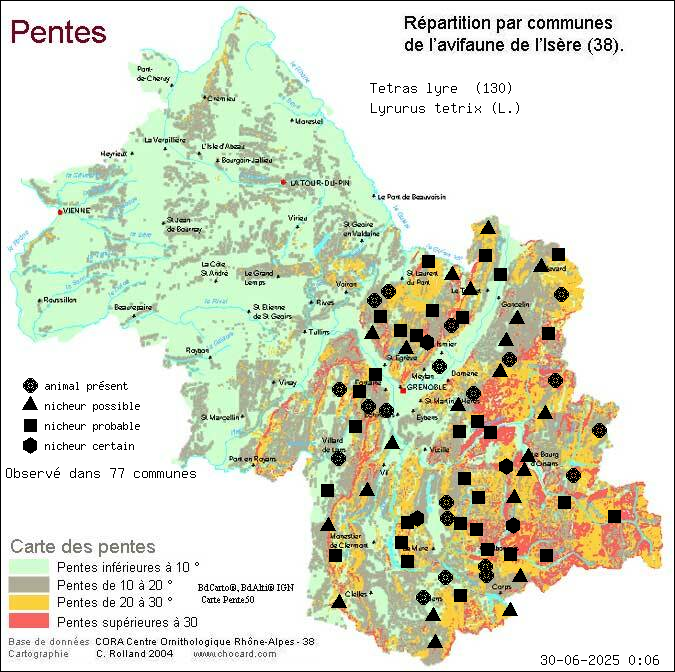 Ttras lyre (Lyrurus tetrix (L.)): carte de rpartition en Isre