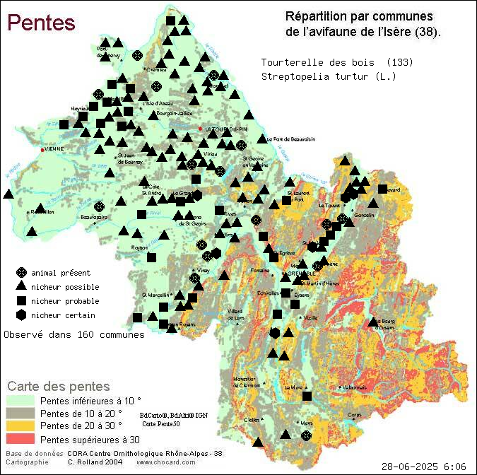 Tourterelle des bois (Streptopelia turtur (L.)): carte de rpartition en Isre