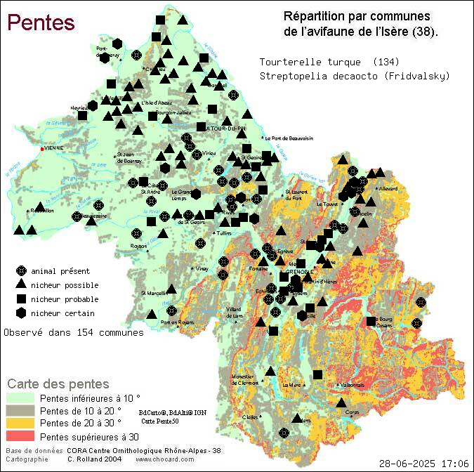 Tourterelle turque (Streptopelia decaocto (Fridvalsky)): carte de rpartition en Isre